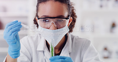 Buy stock photo Science, medical and plant with woman in laboratory for pharmacy, agriculture and research. Biotechnology, ecology and healthcare with gmo scientist and test tube for biology, vaccine and medicine