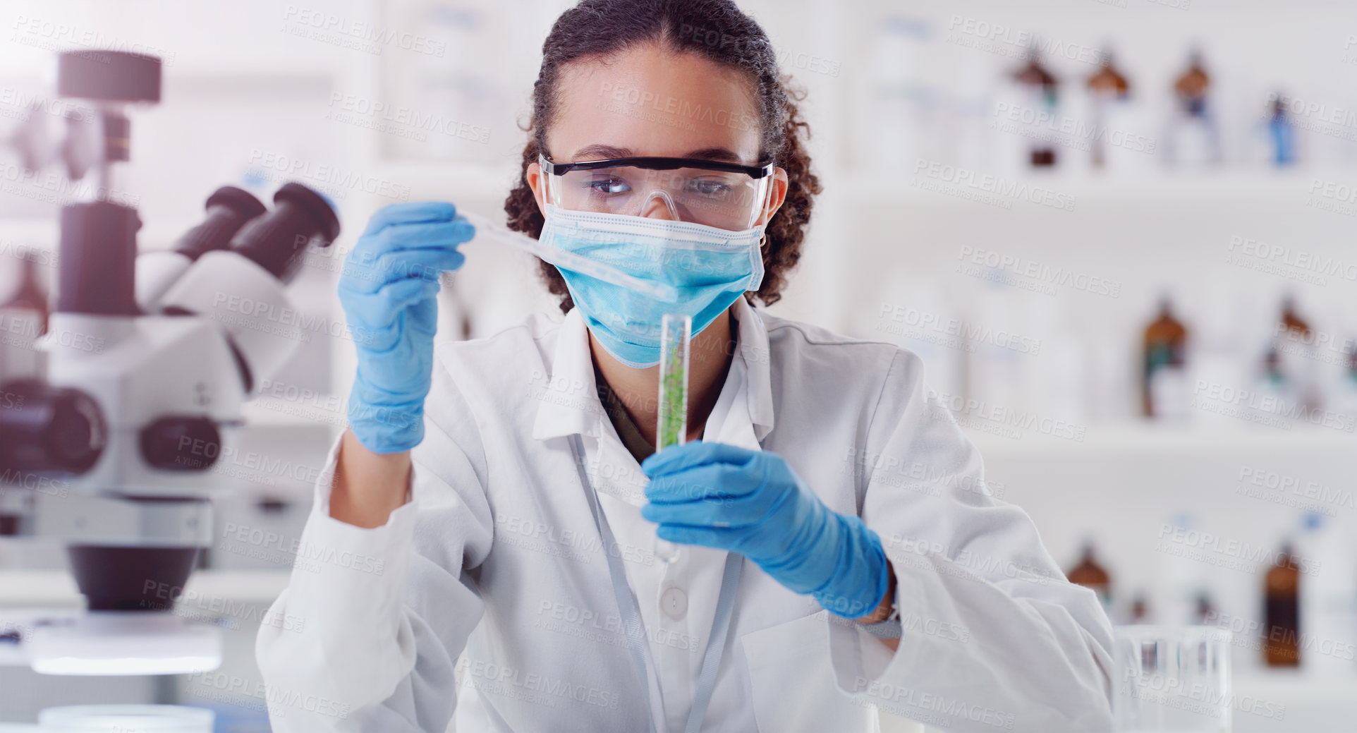 Buy stock photo Lab plant analytics, woman scientist mask and ecology pour of a employee with science work. Laboratory worker, medical test and chemistry for botany, biology and health analysis doing research
