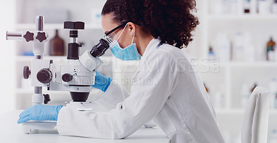 Buy stock photo Microscope, healthcare and woman scientist in a lab for science, medicine and data analysis. Laboratory, science and female health expert checking medical results and working on a cure for cancer