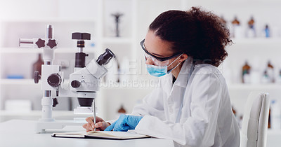 Buy stock photo Science, writing and woman scientist with microscope for research, medicine and data analysis in lab. Laboratory, healthcare and lady health expert with book for medical, results and sample checklist
