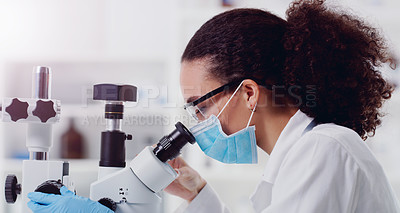 Buy stock photo Research, covid and microscope with woman in laboratory for expert, medical and planning. Science, vaccine analysis and medicine with female scientist for chemistry, healthcare and pharmacy