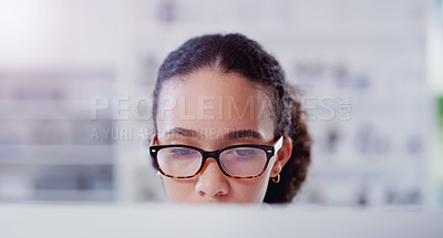 Buy stock photo Science, focus and online with woman in laboratory for thinking, medical report and network. Healthcare, pharmacy and expert with female scientist for internet, technology and medicine study