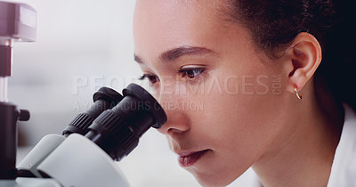 Buy stock photo Science, pharmacy and microscope with woman in laboratory for expert research, medical and planning. Idea, vaccine analysis and medicine with female scientist for chemistry, healthcare and focus