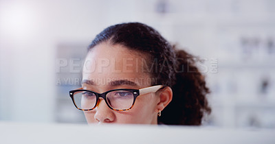 Buy stock photo Focus, face and computer with business woman in office for website, planning and reading online. Designer, technology and internet research with female employee for digital, creative and networking