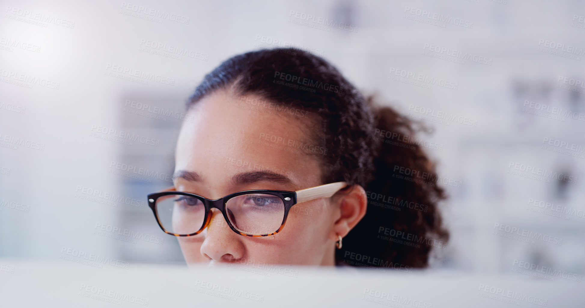 Buy stock photo Focus, face and computer with business woman in office for website, planning and reading online. Designer, technology and internet research with female employee for digital, creative and networking