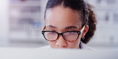 Buy stock photo Pharmacy, computer and research with woman in laboratory for thinking, medical report and network. Healthcare, science and expert with female scientist for internet, technology and medicine study