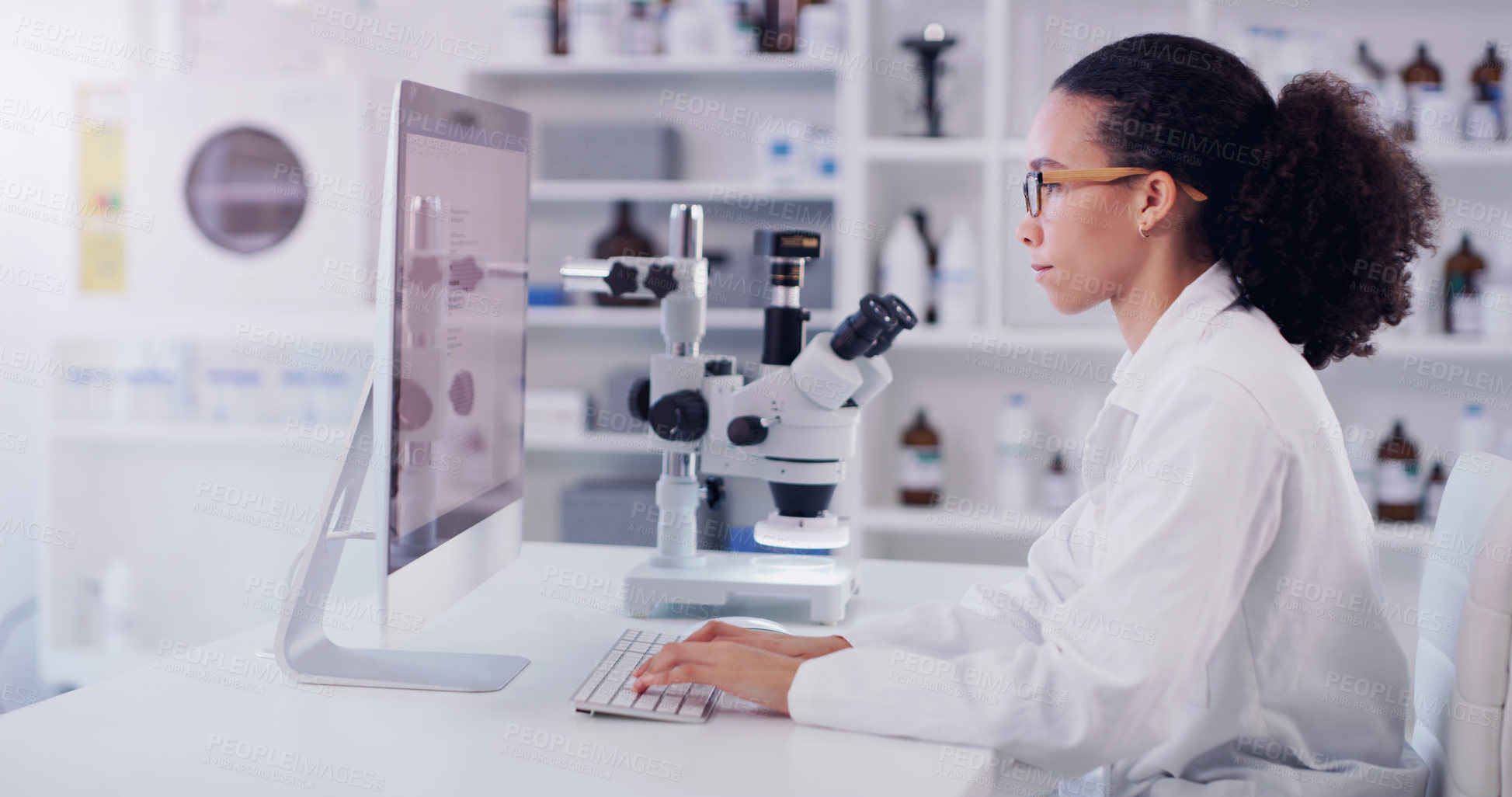 Buy stock photo Computer, science and research with woman in laboratory for future, pharmacy and medical. Healthcare, technology and study analysis with female scientist for medicine, expert and online report