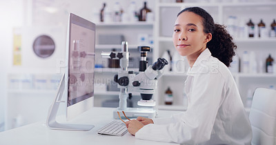 Buy stock photo Computer, research and portrait of woman in laboratory for science, pharmacy and medical. Healthcare, technology and study analysis with female scientist for medicine, expert and online report