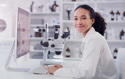 Buy stock photo Computer, science and portrait of woman in laboratory for research, pharmacy and medical. Healthcare, technology and study analysis with female scientist for medicine, expert and online report