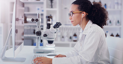 Buy stock photo Computer, music and science with woman in laboratory for research, pharmacy or medical. Healthcare, technology and study analysis with female scientist and focus for medicine, expert or online report
