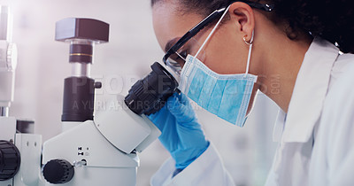 Buy stock photo Vaccine, covid and microscope with woman in laboratory for expert research, medical and planning. Test, science analysis and medicine with female scientist for chemistry, healthcare and pharmacy