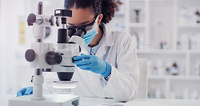 Buy stock photo Science, covid and research with woman and microscope in laboratory for expert, medical and planning. Test, vaccine analysis and medicine with female scientist for chemistry, healthcare and pharmacy