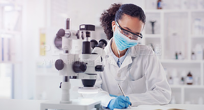 Buy stock photo Science, writing and microscope with woman in laboratory for expert research, medical and planning. Covid, vaccine analysis and medicine with female scientist for chemistry, healthcare and pharmacy