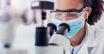 Buy stock photo Science, medical and microscope with woman in laboratory for expert research, test and planning. Idea, vaccine analysis and medicine with female scientist for chemistry, healthcare and pharmacy