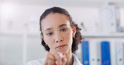 Buy stock photo Thinking, scientist data and woman writing on clear board for science formula research. Laboratory worker, female person and focus with planning and futuristic vision for medical test with mockup