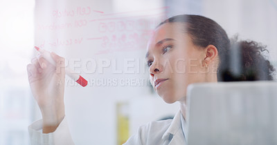 Buy stock photo Science, writing equation and woman in laboratory for research, analytics and study results for solution. Healthcare, glass wall and female scientist in lab write for chemistry, medicine and analysis