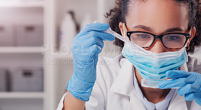 Buy stock photo Woman, scientist petri dish and face mask with focus on futuristic research and virus data. Science, African female person and young employee working in a laboratory with chemistry test analysis 