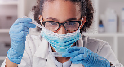 Buy stock photo Woman scientist, dropper and face mask with focus on futuristic research and virus data. Science, African female person and young employee working in a laboratory with chemistry test analysis 