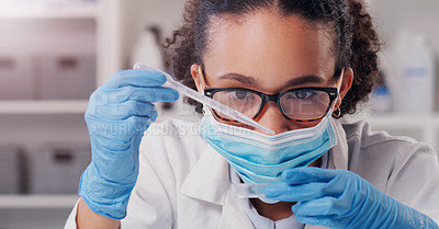 Buy stock photo Woman, scientist, petri dish and medical mask with focus on futuristic research and virus data. Science, African female person and young employee working in a laboratory with chemistry test analysis 