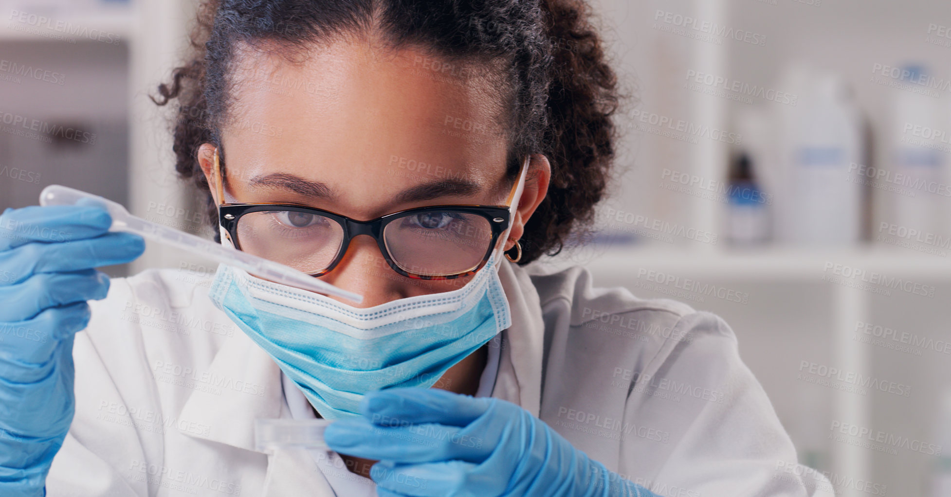 Buy stock photo Woman scientist, petri dish test and face mask with focus on futuristic research and virus data. Science, African female person and young employee working in a laboratory with chemistry analysis 