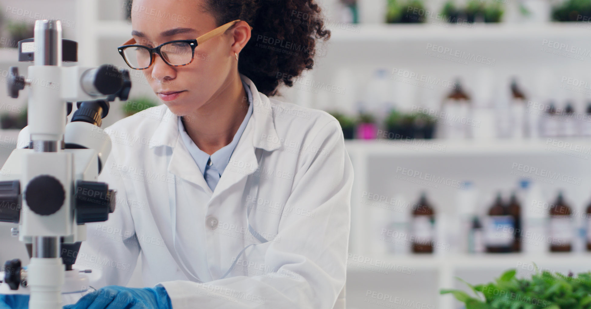 Buy stock photo Science, pharmacy and microscope with woman in laboratory for expert research, medical and planning. Idea, vaccine analysis and medicine with female scientist for chemistry, healthcare and sample