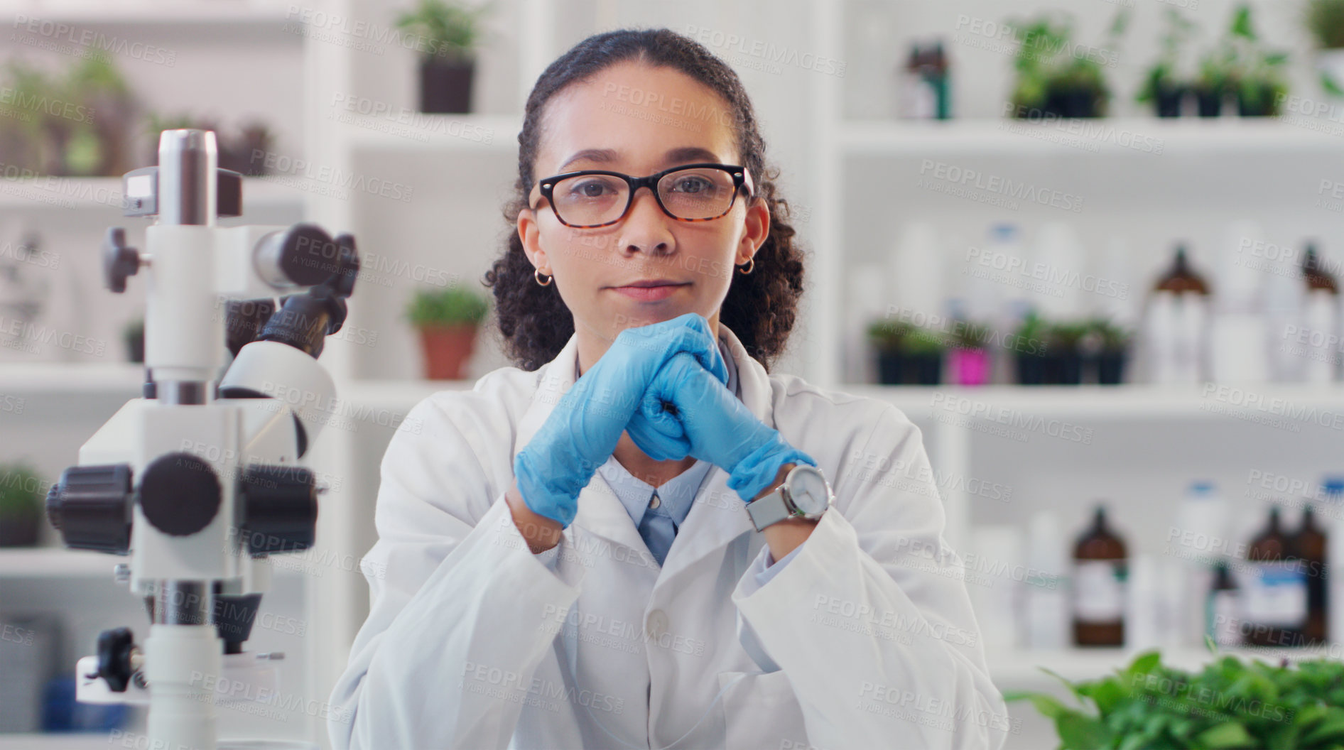 Buy stock photo Portrait, science and woman with plants in lab, equipment for experiment and herbal medicine. Face, person and research for biotech and health with pharmaceutical testing and equipment with chemistry