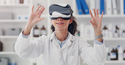 Buy stock photo Science, virtual reality and metaverse with woman in laboratory for research, pharmacy and technology. Future, 3d and medical with scientist and headset for cyber, healthcare and digital development