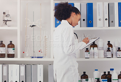 Buy stock photo Woman, scientist and clipboard for report at lab for notes, stock taking for experiment. Science, biologist and confident with career, job growth and opportunity for project, research and medical