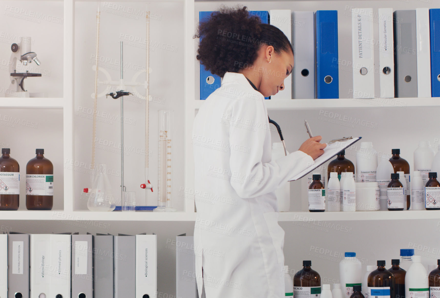 Buy stock photo Woman, scientist and clipboard for report at lab for notes, stock taking for experiment. Science, biologist and confident with career, job growth and opportunity for project, research and medical