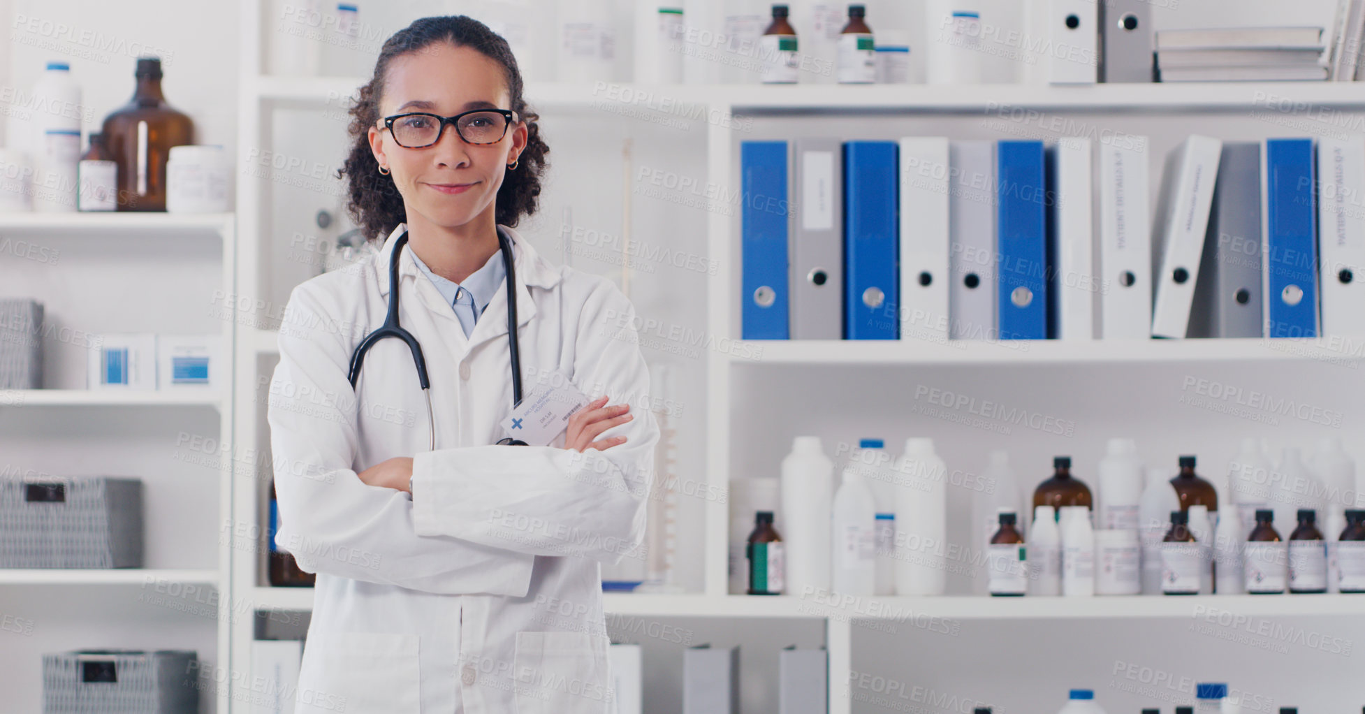 Buy stock photo Healthcare, portrait or woman doctor with arms crossed in laboratory for innovation, help or research. Medicine, pharma or stethoscope for medical consulting, examination or clinical trial results