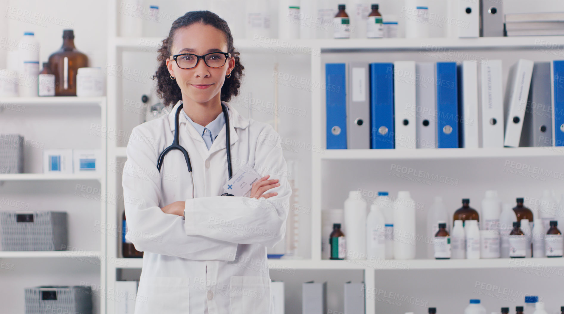 Buy stock photo Science, portrait or woman doctor with arms crossed in laboratory for innovation, healthcare or research. Medicine, pharma or stethoscope for medical consulting, examination or clinical trial results