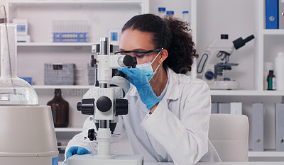 Buy stock photo Science, medical and microscope with woman in laboratory for expert research, covid and planning. Idea, vaccine analysis and medicine with female scientist for chemistry, healthcare and pharmacy