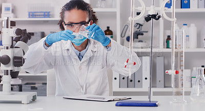 Buy stock photo Lab worker, woman scientist and chemical pour of a employee with science work. Laboratory, medical test and chemistry for disease, virus and health analysis doing futuristic research with mask