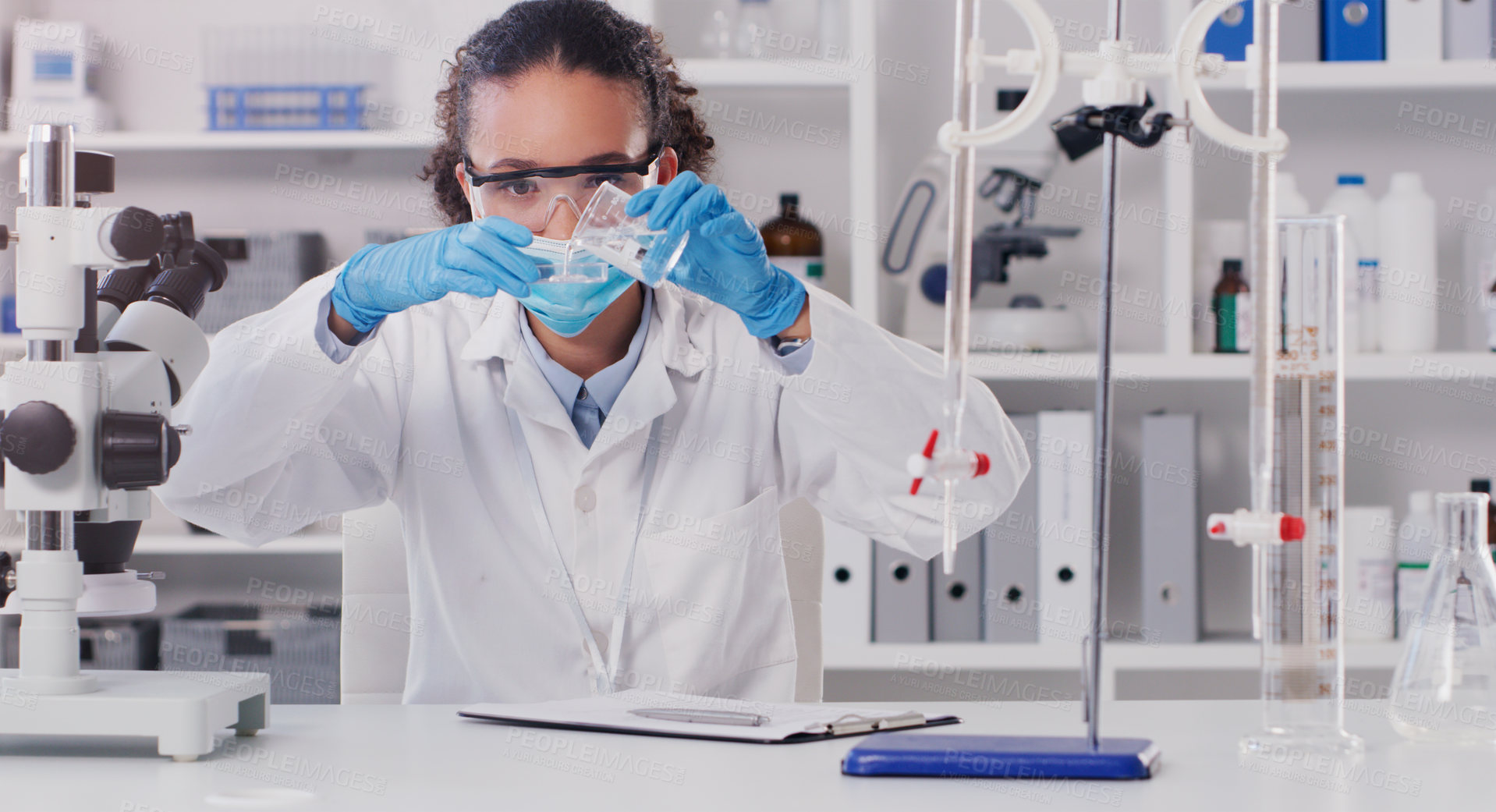 Buy stock photo Lab worker, woman scientist and chemical pour of a employee with science work. Laboratory, medical test and chemistry for disease, virus and health analysis doing futuristic research with mask