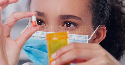 Buy stock photo Woman, scientist and study for pills for medicine for disease or cure for sickness and illness. Girl, innovation and analysis of pharmaceutical experiment for treatment, research and biotechnology.