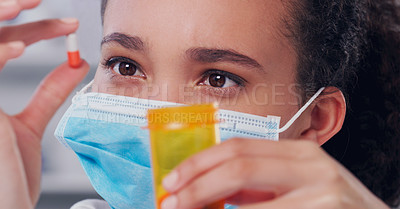 Buy stock photo Woman, pills or drugs with mask in lab for medicine, health science and development of product. Female person, research or test of pharmaceutical innovation for wellness, safety and analysis