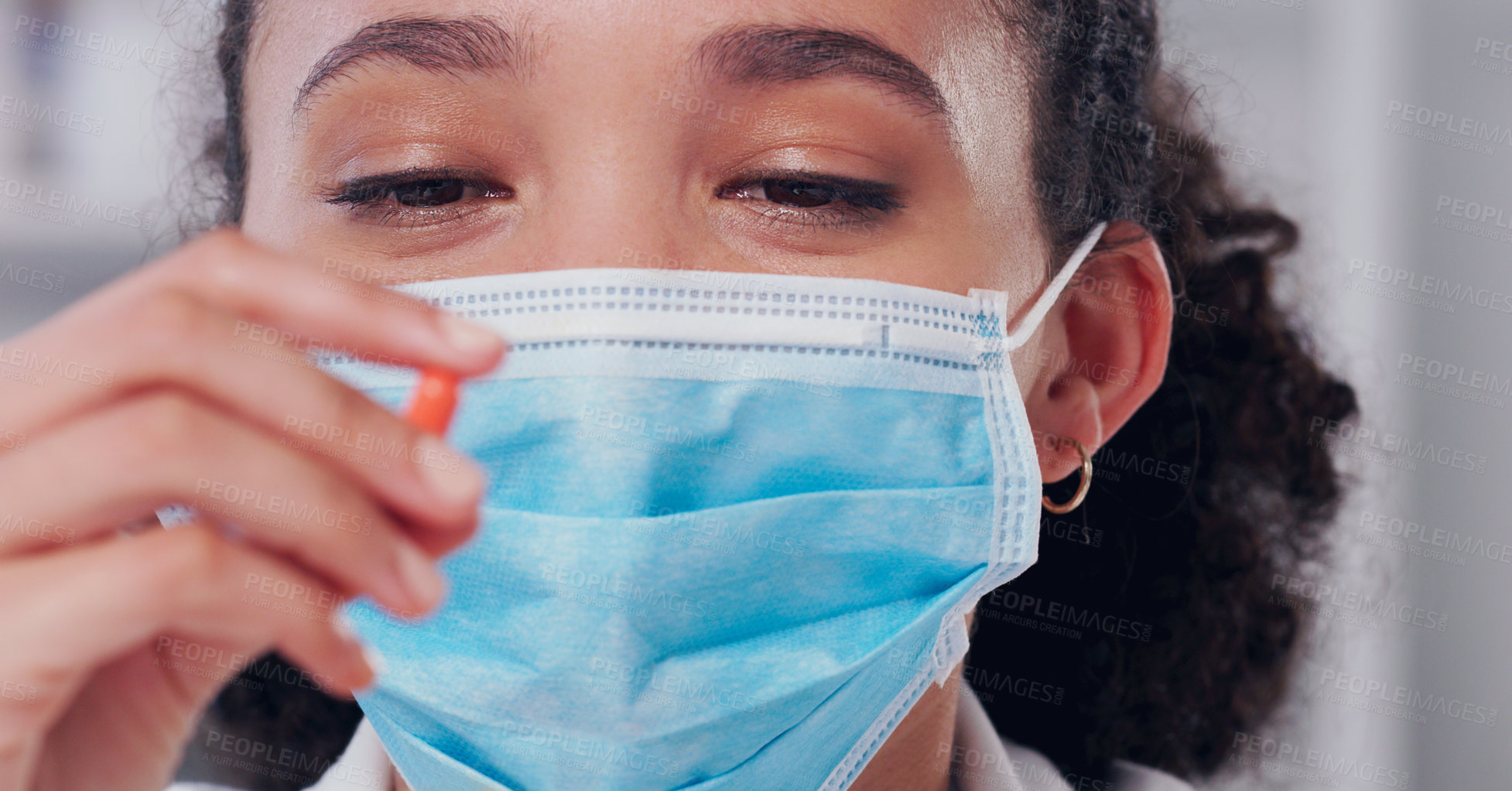 Buy stock photo Woman, pills or drugs with mask in lab for medicine, health science and development of product. Female person, research or test of pharmaceutical innovation for wellness, safety and analysis