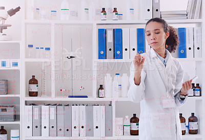 Buy stock photo Woman, chemistry and writing on glass for research, analytics and study results or solution. Female person, scientist and laboratory with data on wall for healthcare, medicine and innovation