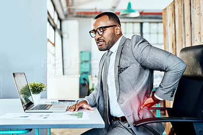 Buy stock photo Business man, back pain and burnout with red overlay, bad posture and stress with medical problem at office. Male corporate person at desk with backache, anatomy and health crisis with injury