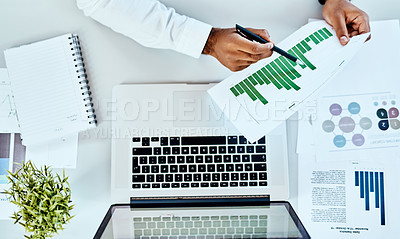 Buy stock photo Man hands, documents and computer for data analysis, graphs and business charts or planning at desk. Statistics, analytics and paperwork of person with website information, increase and profit above