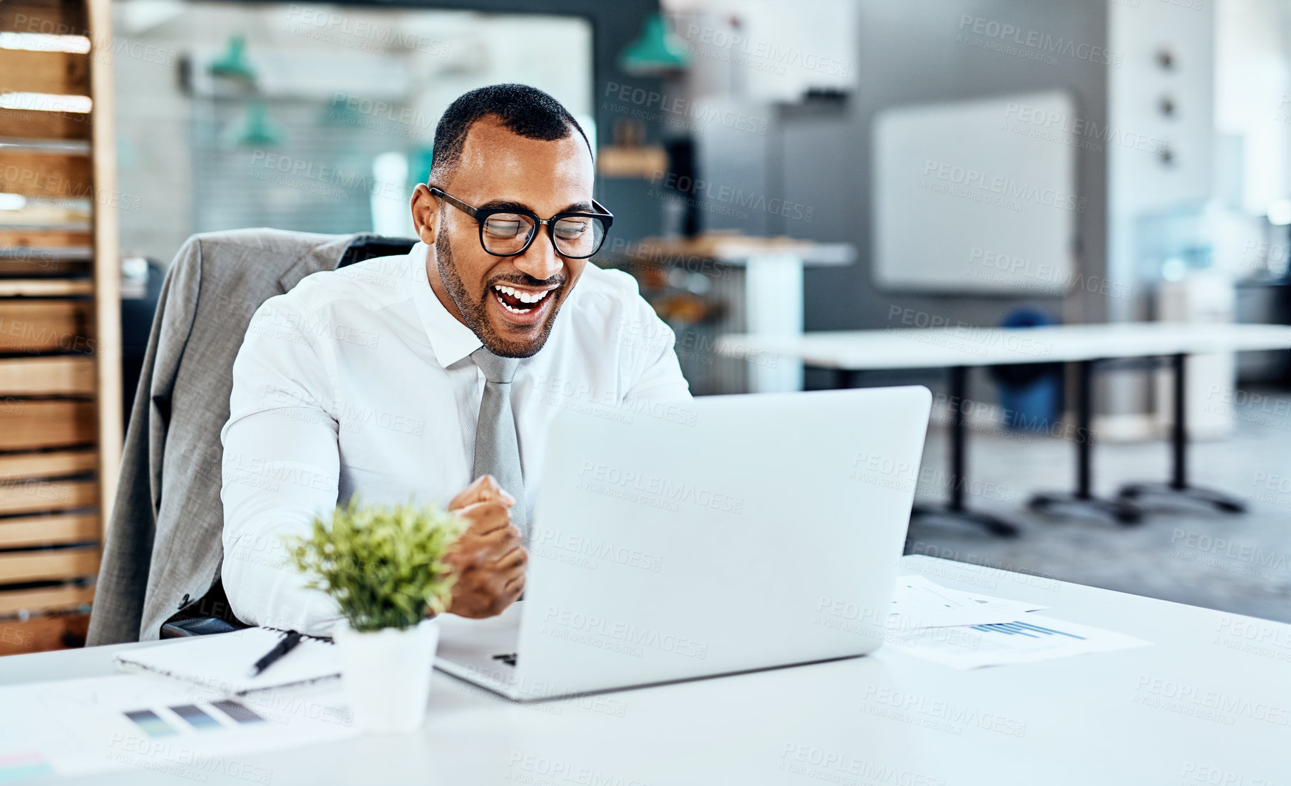 Buy stock photo Business man, winning and excited on computer success, news or bonus celebration, cheers or wow in office. Happy, fist and winner, employee or person celebrate on laptop promotion, sales or results