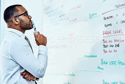 Buy stock photo Thinking, planning and business man on whiteboard brainstorming, ideas and numbers or math problem solving. Accountant or African person reading data, accounting solution and finance target on board