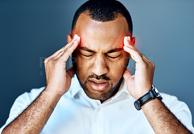 Buy stock photo Professional man, headache and stress with red overlay, mental health problem and crisis with corporate burnout. Male person in business face with pain, migraine and hands on studio background