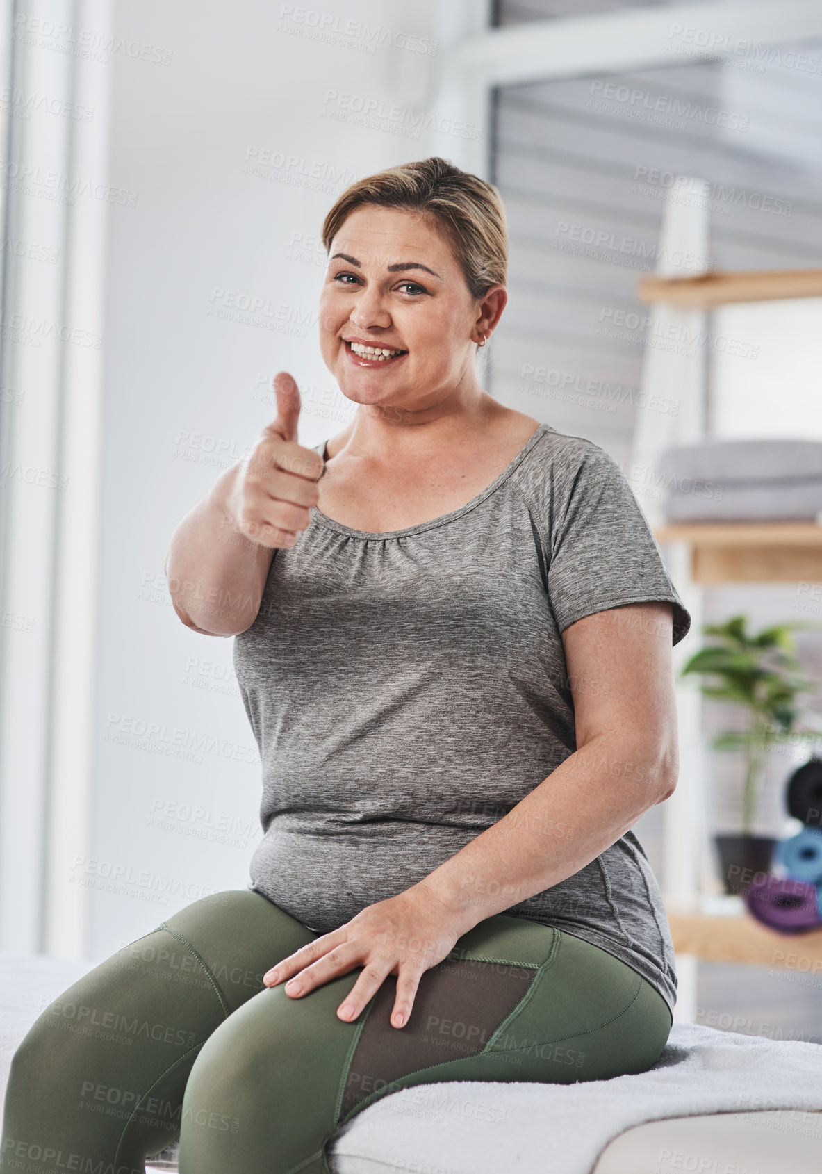 Buy stock photo Happy, physiotherapy and portrait of woman with thumbs up for support, approval and good review. Smile, patient and gesture with yes on bed for rehabilitation, success and feedback of session