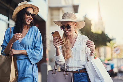 Buy stock photo Phone, friends and happy women with shopping bags in city for fashion sunglasses, discount or credit score. Mobile, girls and gift outdoor at mall for retail promo, account payment or online banking