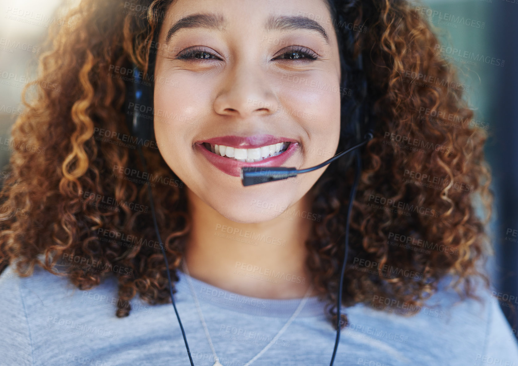Buy stock photo Black woman, portrait and happy in call center with headset for customer service, crm and consulting. Agent, headphones and communication with clients for question, information or technical support