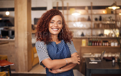 Buy stock photo Coffee shop, barista and portrait of woman in cafe for service, working and crossed arms. Small business owner, restaurant startup and happy female waitress with pride in cafeteria ready to serve