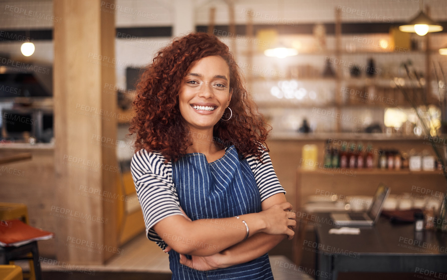 Buy stock photo Coffee shop, barista and portrait of woman in cafe for service, working and crossed arms. Small business owner, restaurant startup and happy female waitress with pride in cafeteria ready to serve