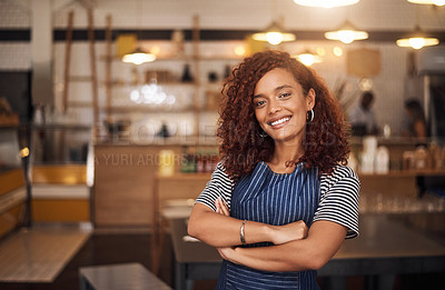 Buy stock photo Coffee shop, happy barista and portrait of woman in cafe for service, working and crossed arms. Small business owner, restaurant and professional female waitress smile in cafeteria ready to serve