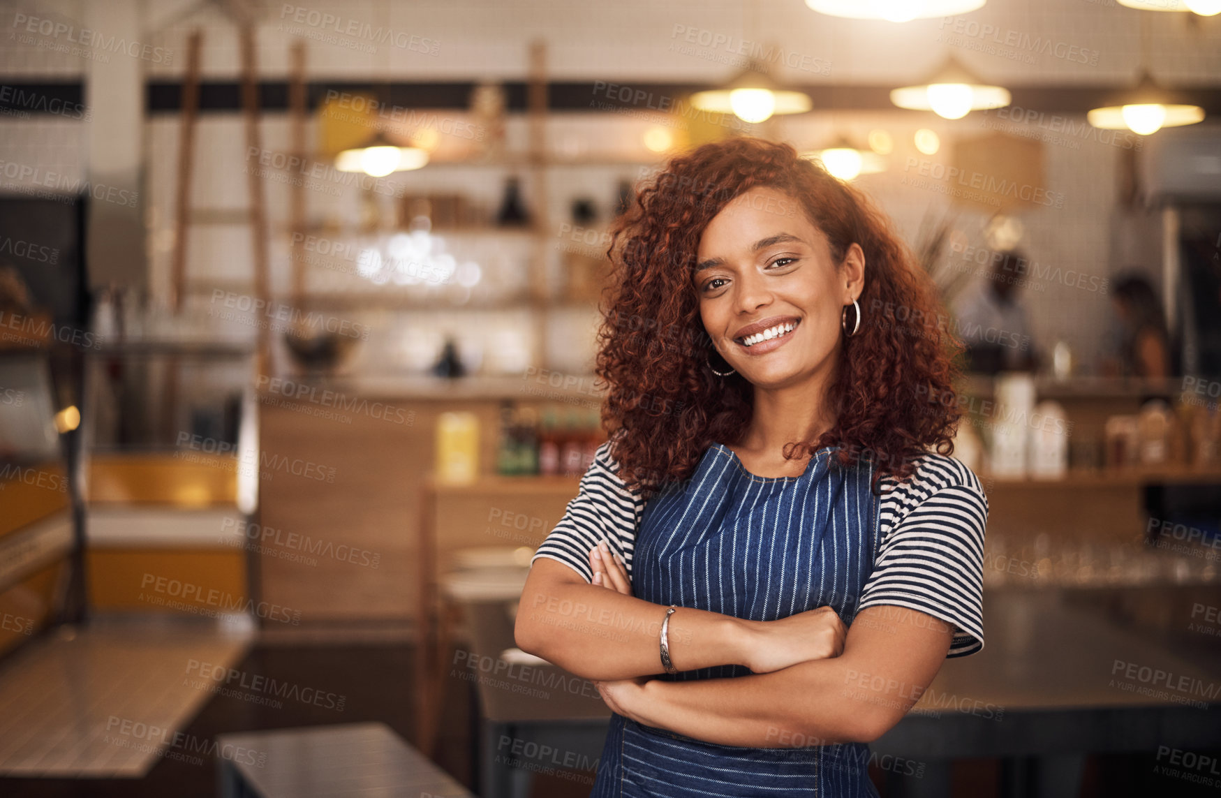 Buy stock photo Coffee shop, happy barista and portrait of woman in cafe for service, working and crossed arms. Small business owner, restaurant and professional female waitress smile in cafeteria ready to serve